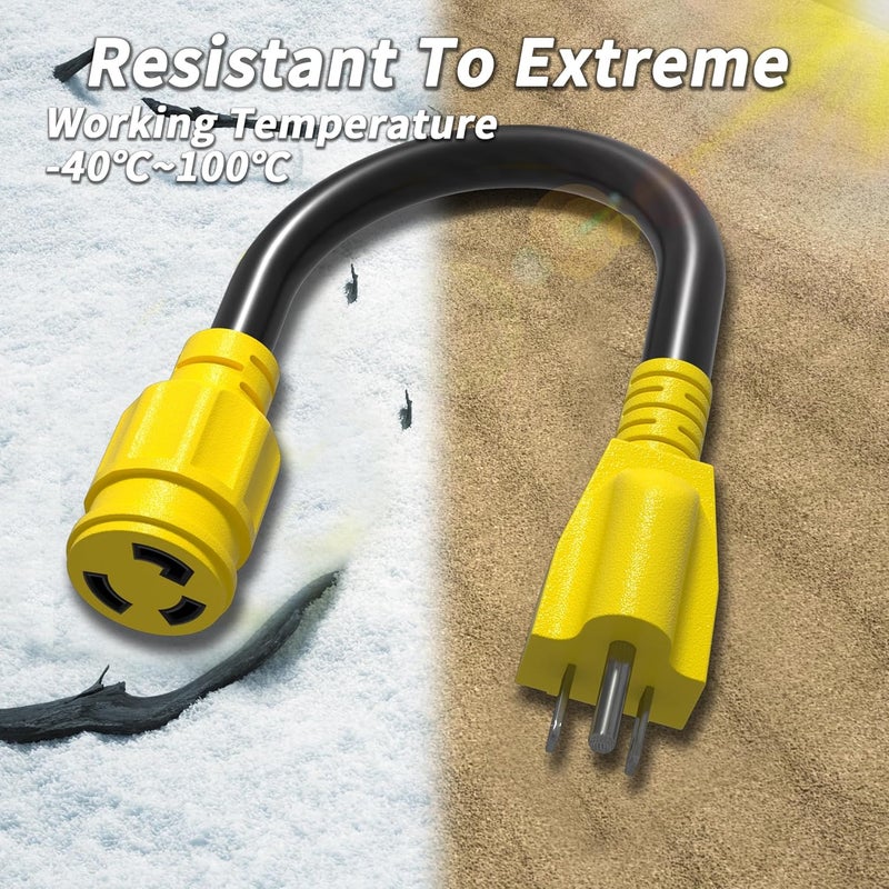 PlugSaf 3 Prong 15 Amp to 30 Amp RV Generator Adapter Cord, NEMA 5-15 Male Plug to NEMA L5-30 Female Plug, 12 Inch(1 FT) 10 Gauge STW Heavy Duty Power Cord, Max 15A 125V 1875W, Yellow, ETL Listed - Image 5